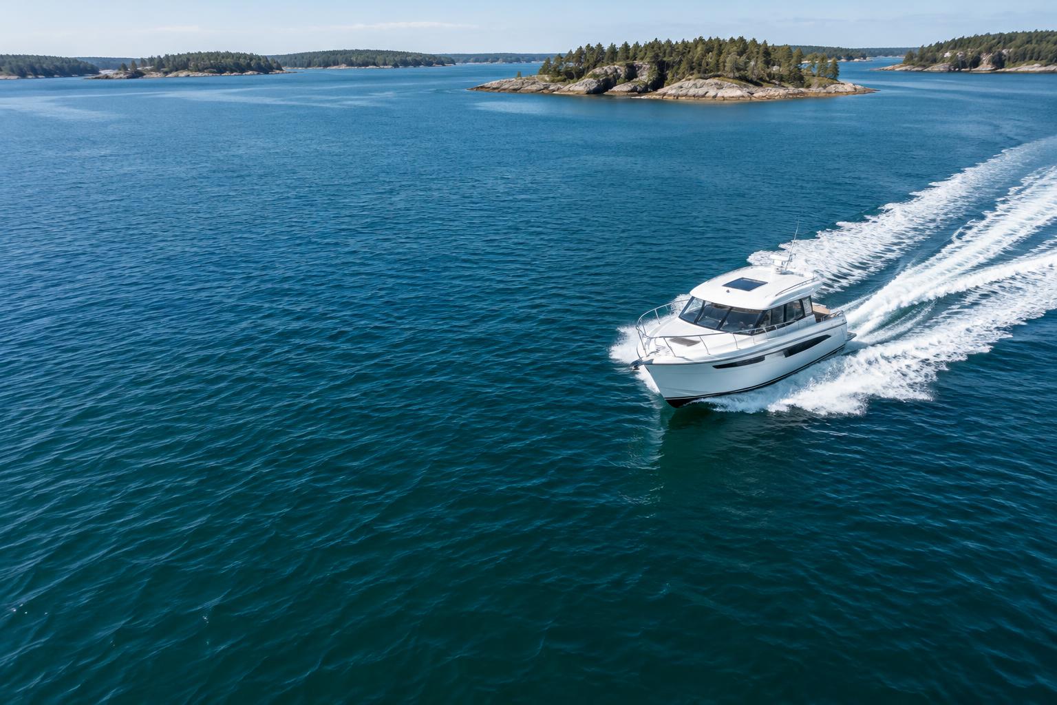 Motorbåt med svall i den svenska skärgården